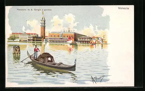 Künstler-AK Venezia, Panorama da S. Giorgio e gondola