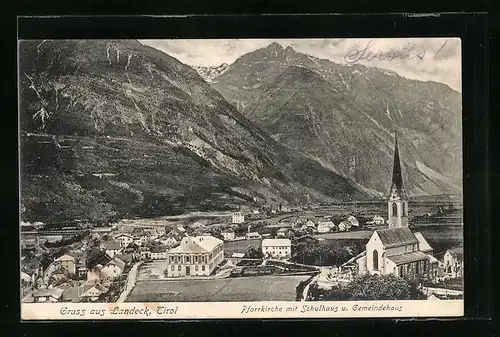 AK Landeck in Tirol, Pfarrkirche mit Schul- und Gemeindehaus