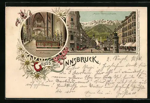 Lithographie Innsbruck, Maria Theresiastrasse, Inneres Hofkirche
