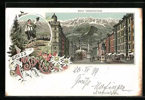 Lithographie Innsbruck, Maria Theresienstrasse, Wanderer auf einem Berg