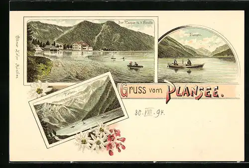 Lithographie Plansee, Teilansicht mit der Forelle, Ansicht mit Boot, Uferpartie