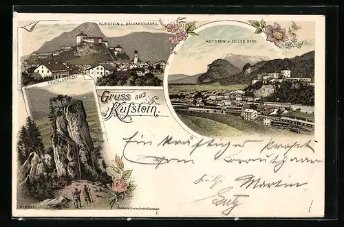 Lithographie Kufstein, Teilansicht vom Kalvarienberg, Teilansicht vom Zeller Berg, Teufelskanzel