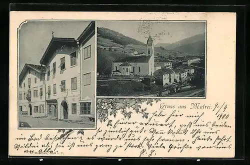 AK Matrei, Teilansicht mit Kirche, Strassenpartie mit Gebäudeansicht