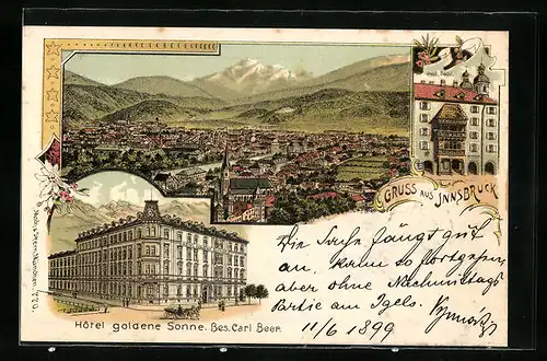 Lithographie Innsbruck, Hotel goldene Sonne, Gasthaus Goldenes Dachl, Teilansicht