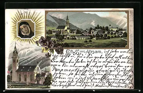 Lithographie Absam, Teilansicht, Kirche, Gnadenbild