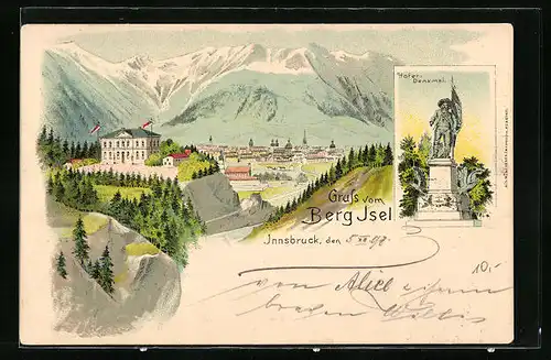 Lithographie Innsbruck, Berg Isel mit Hotel, Hofer-Denkmal