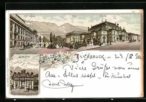 Lithographie Innsbruck, K. K. Hofburg mit Theater und Stadtsälen, Triumph-Pforte