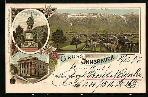 Lithographie Innsbruck, Teilansicht vom Berg Isel, Theater, Adnreas Hofer Monument