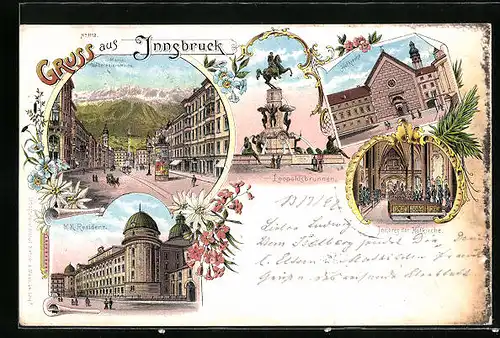 Lithographie Innsbruck, Hofkirche, Innenansicht, K. K. Rseidenz