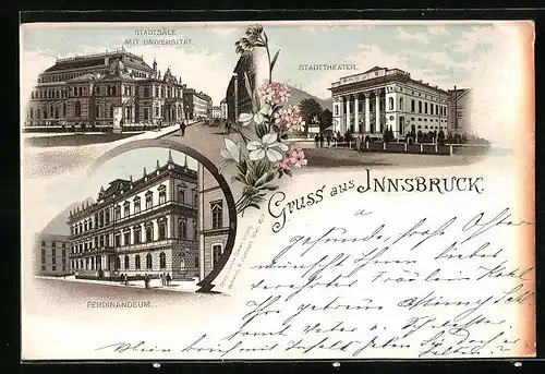 Lithographie Innsbruck, Stadtsäle mit Universität, Stadttheater, Ferdinandeum