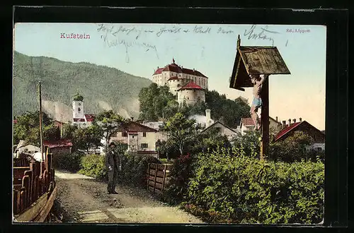 AK Kufstein, Teilansicht, Tiroler am Bildstock