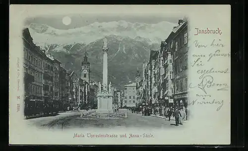 Mondschein-AK Innsbruck, Maria Theresienstrasse und Anna-Säule