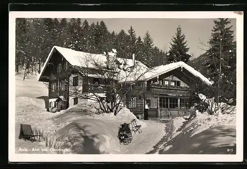 AK Garmisch, Aule-Alm bei, Ortspartie mit Gebäudeansicht im Winter