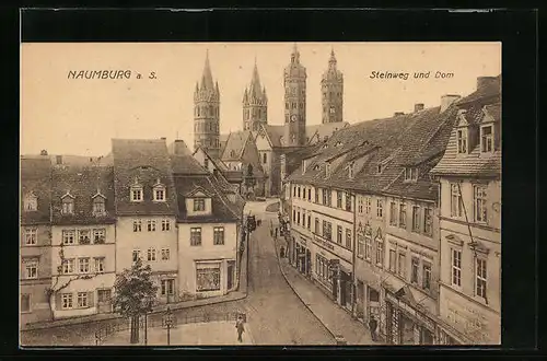 AK Naumburg a. S., Strasse Steinweg mit Restaurant zum Schützen und Dom