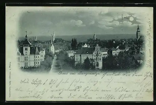 Mondschein-AK Langensalza, Teilansicht mit Strassenpartie