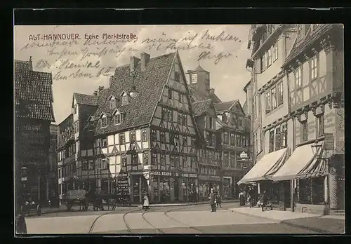 AK Hannover, Ecke Marktstrasse mit Geschäften