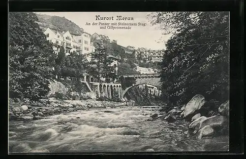 AK Meran, An der Passer mit Steinernem Steg und Gilfpromenade