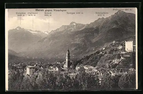 AK Meran, Teilansicht gegen Vinschgau mit Roteck, Tschigat und Muthspitze