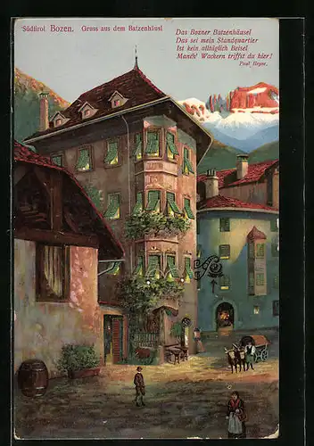 Künstler-AK Bozen, Abend am Gasthaus Batzenhäusl