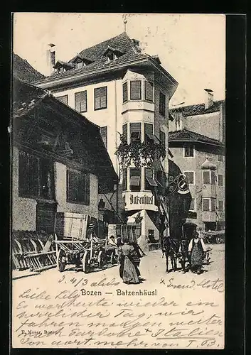 AK Bozen, Strassenszene am Gasthaus Batzenhäusl