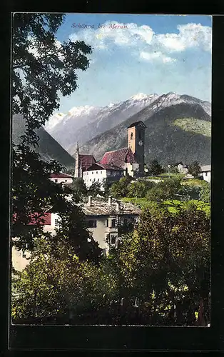 AK Schönna bei Meran, Teilansicht mit Bergblick