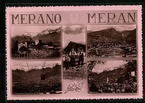 AK Meran, Schloss Rametz, Rennplatz, Panorama mit Haflingerbahn