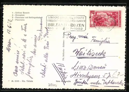 AK Meran, Schloss Rametz, Rennplatz, Panorama mit Haflingerbahn