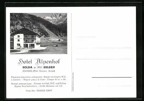 AK Sulden bei Bozen, Hotel Alpenhof