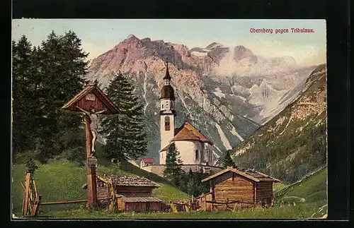 AK Obernberg, Kirche und Flurkreuz gegen Tribulaun