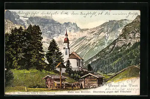 AK Obernberg am Brenner, Kirche und Flurkreuz gegen den Tribulaun