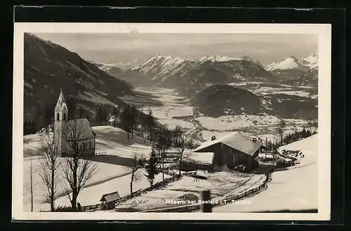 AK Mösern bei Seefeld, Talblick mit Kirche im Schnee