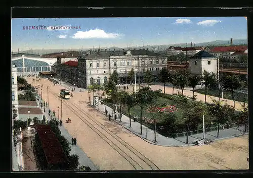 AK Chemnitz, Hauptbahnhof mit Strassenbahn