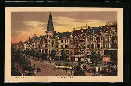 AK Düsseldorf, Graf Adolfstrasse mit Haus von Heinrich Blankertz und Strassenbahn