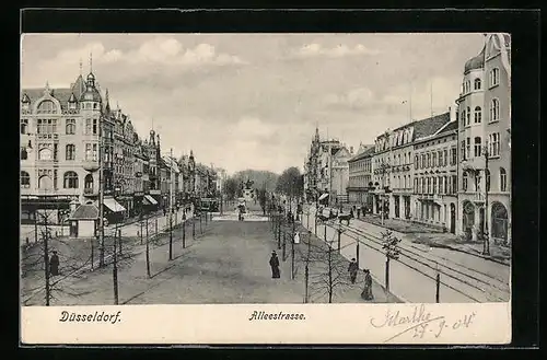 AK Düsseldorf, Alleestrasse mit Geschäften, Denkmal und Strassenbahn