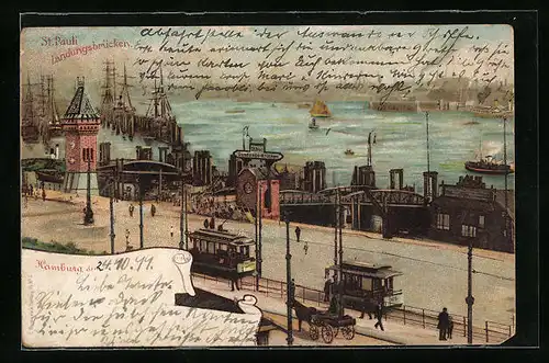 AK Hamburg, St. Pauli-Landungsbrücken mit Strassenbahn
