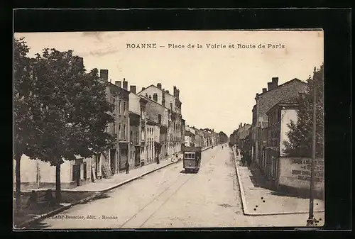 AK Roanne, Place de la Voirie et Route de Paris, Strassenbahn