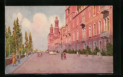 Künstler-AK Venezia-Lido, Excelsior Hotel und Strassenbahn