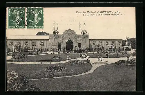 AK Auxerre, Exposition Nationale 1908, Les Jardins et le Batiment principal no. 1