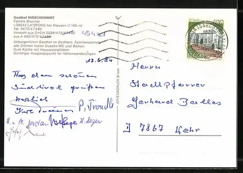 AK Latzfons, Gasthof Hirschenwirt