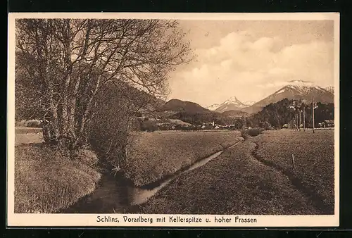 AK Schlins, Ortsansicht mit Kellerspitze u. hoher Frassen