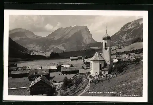 AK Schoppernau, Ortsansicht mit Kirche und Canisfluh