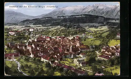 AK Feldkirch, Ortsansicht mit den Schweizer Bergen