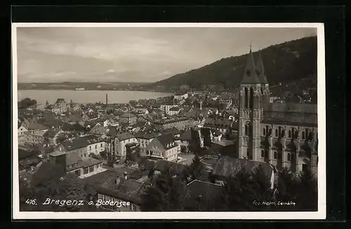 AK Bregenz, Ortspartie mit Kirche, Blick zum Bodensee