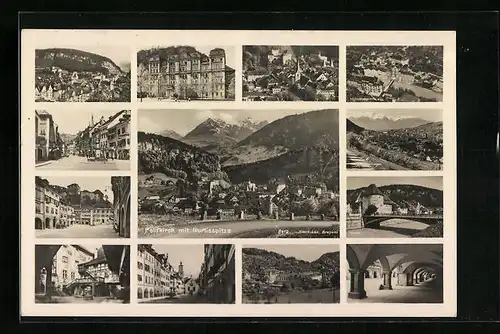 AK Feldkirch, Ortsansicht mit Gurtisspitze, Strassenpartie, Flusspartie mit Brücke