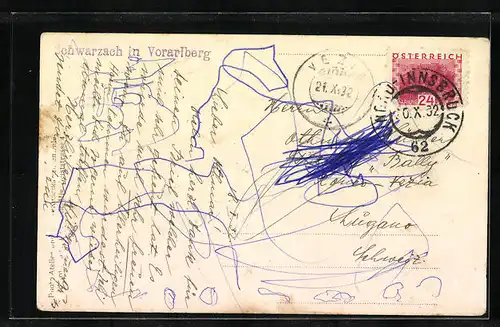 AK Schwarzach, Ortsansicht mit Kirche aus der Vogelschau