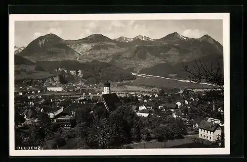 AK Bludenz, Ortsansicht mit Kirche aus der Vogelschau