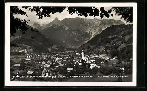 AK Schruns, Ortsansicht gegen Zimba und Vandanserwand