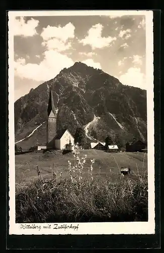 AK Mittelberg, Ortspartie mit Kirche und Blick zum Zwölferkopf