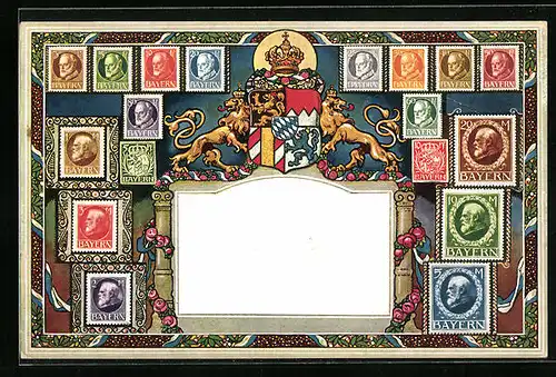 AK Briefmarken und Wappen aus Bayern