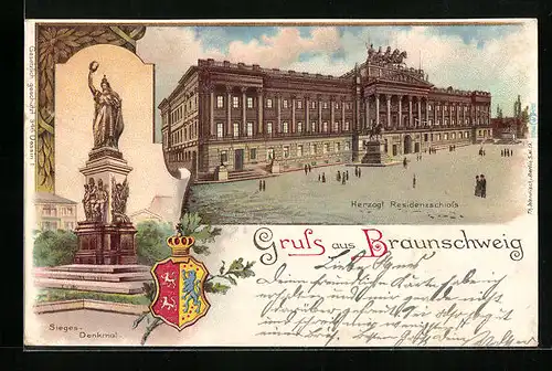 Lithographie Braunschweig, Herzogliches Residenzschloss, Sieges-Denkmal und Wappen